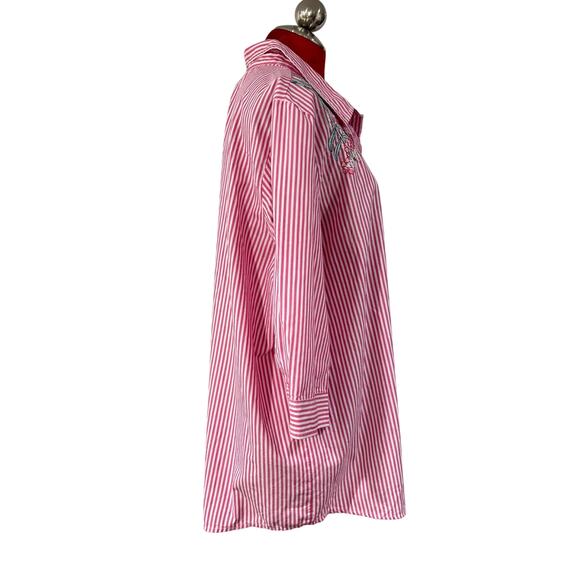 Pink & white striped casual top blouse shirt floral roses embroidery Blair XL - Picture 6 of 9